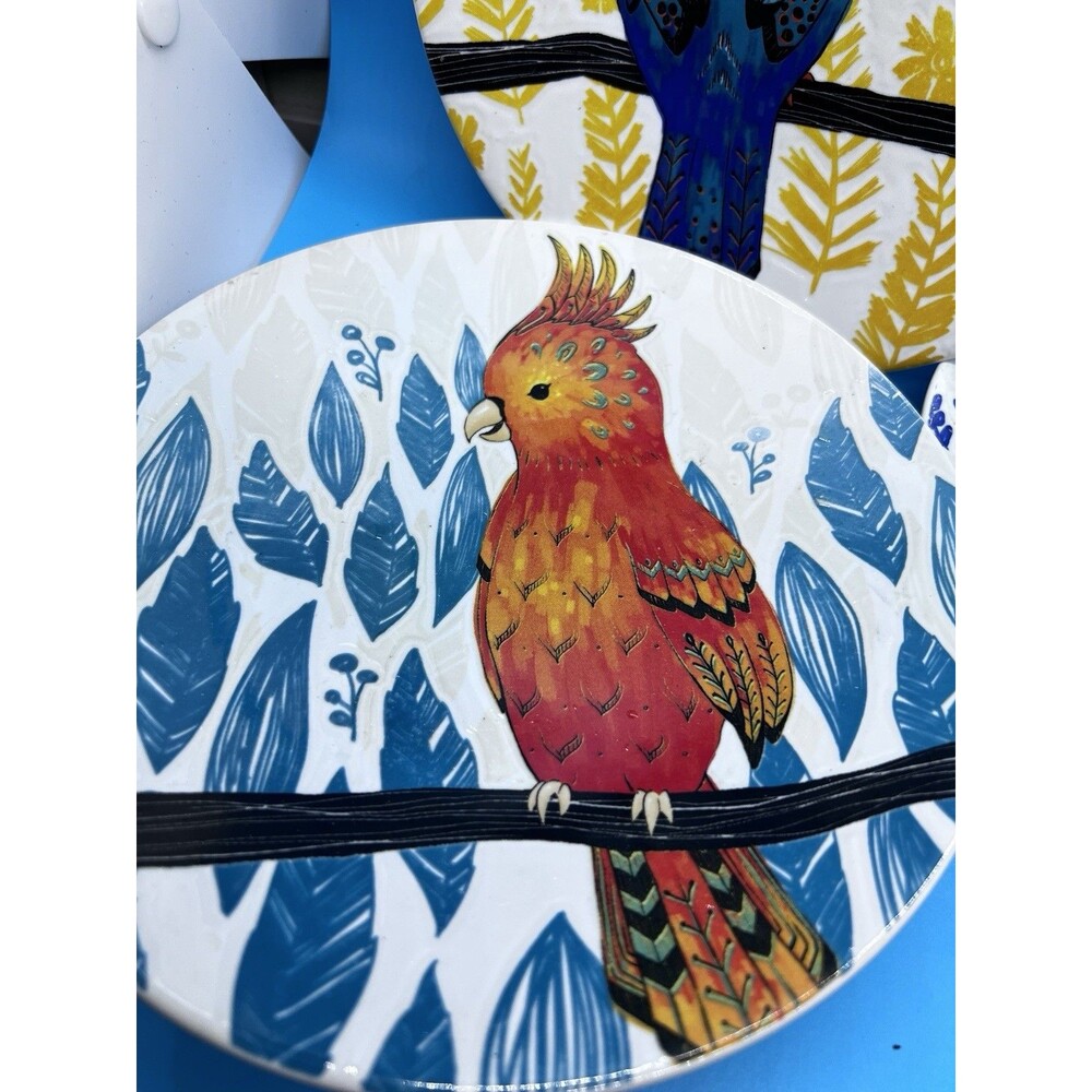 3 Pier 1 Tropical Bird Salad Plates 8" Stoneware Toucan Hummingbird bright happy - Picture 2 of 8